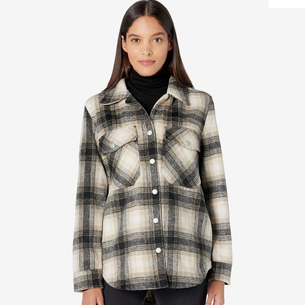 Blank NYC Plaid Shacket- Black, Tan and Cream Wool Blend Size M